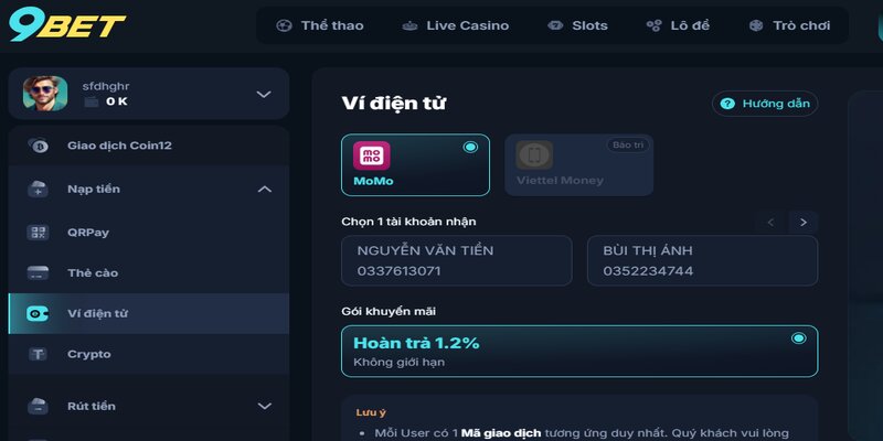 Các bước giao dịch qua ví momo tại 9BET