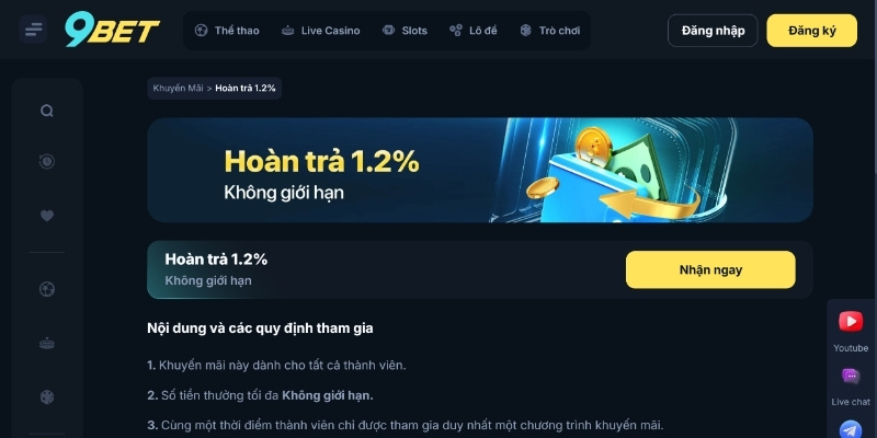 Chớp ngay cơ hội nhận hoàn cược 1.2%