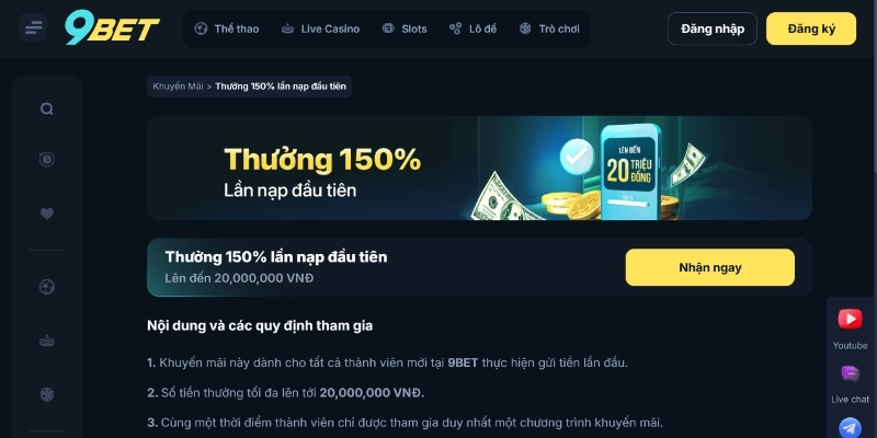 Tận hưởng khuyến mãi 150% nạp đầu